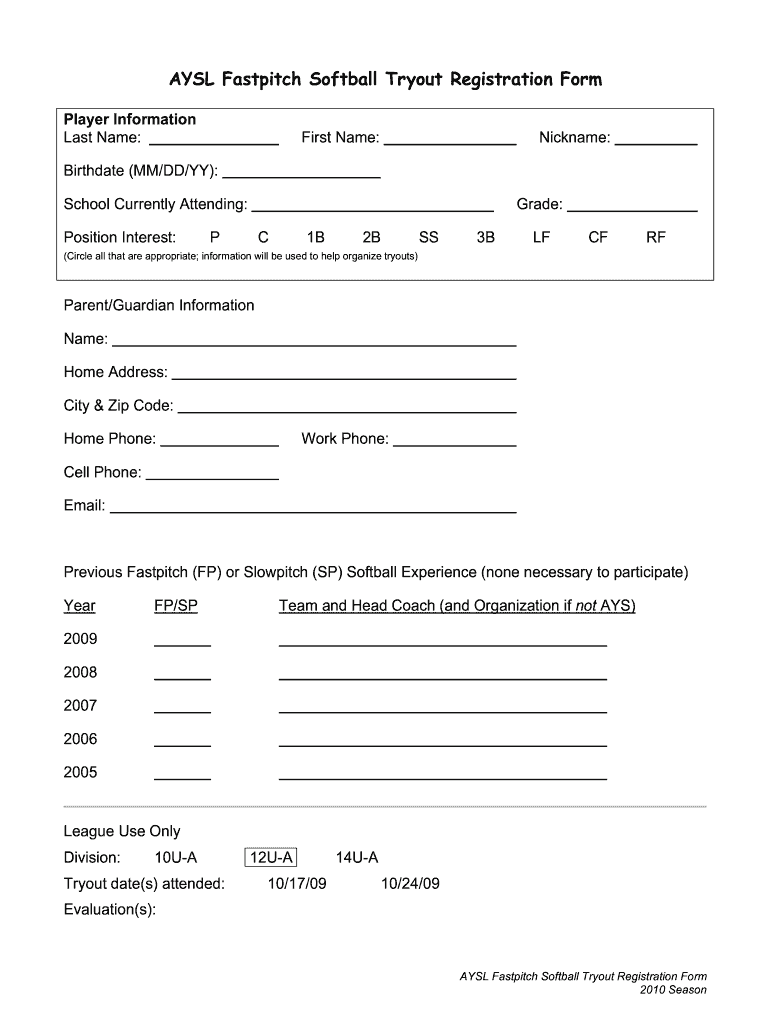  Softball Tryout Registration Form 2010-2024