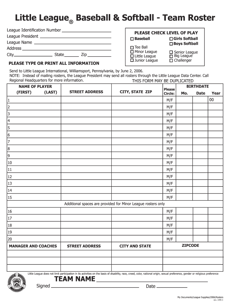  Softball Roster Sign Up Template 2005-2024