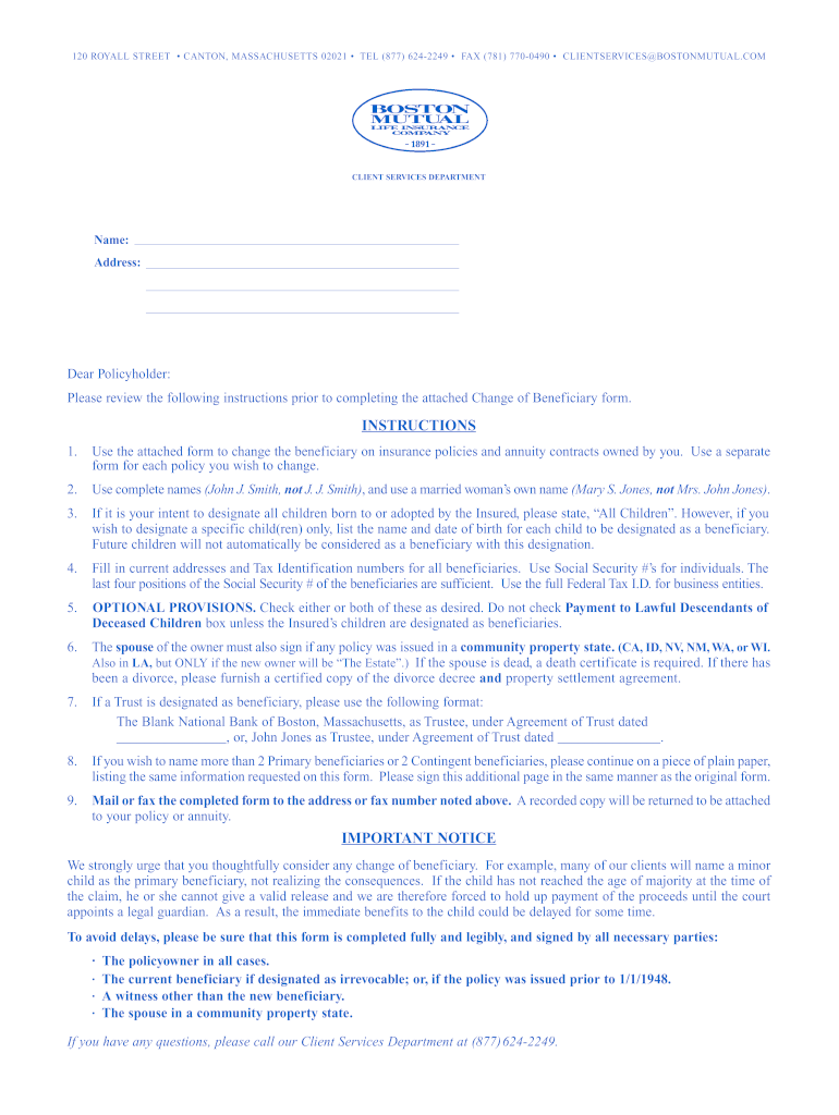 Get and Sign Boston Mutual Beneficiary Change Form PDF  Mark III Brokerage 2009-2022