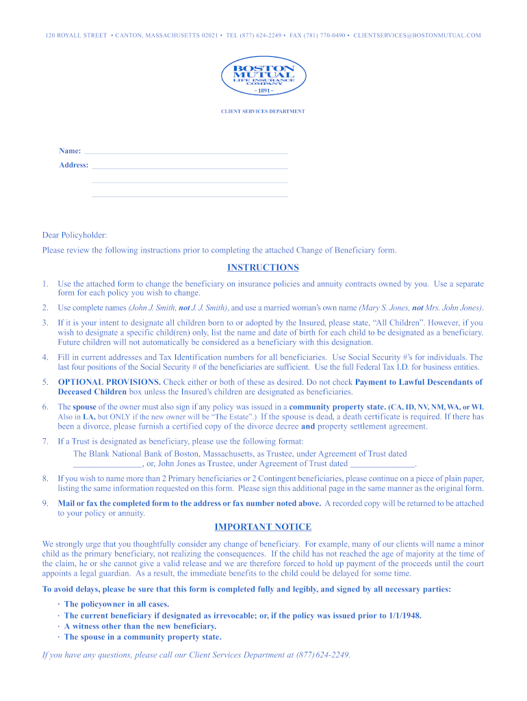  Boston Mutual Beneficiary Change Form PDF  Mark III Brokerage 2009