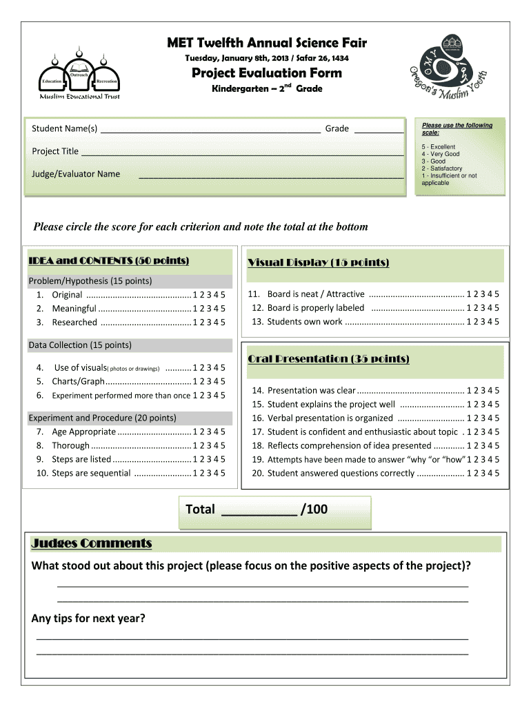  Science Fair Judging Form K 2 2013