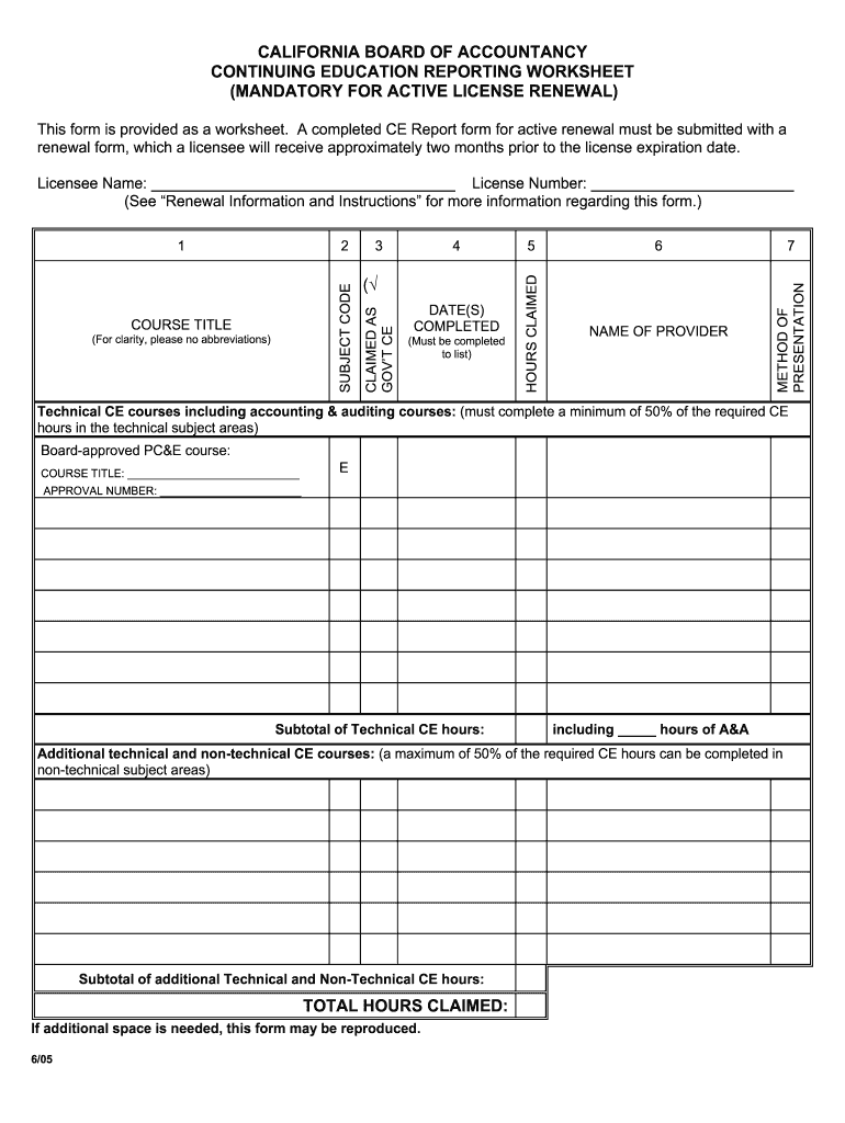  California Cpa Continuing Education Reporting Worksheet Excel 2005-2024