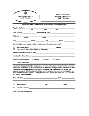 F160 Application for Visiting Privileges Kern County Sheriff&#39;s  Form