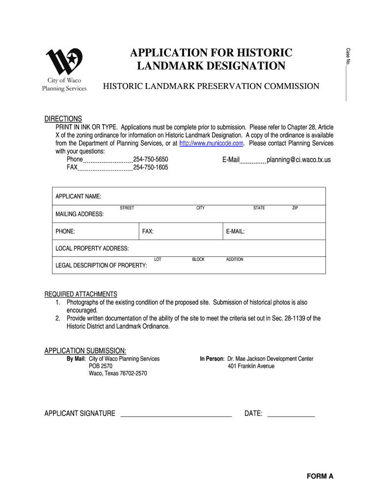 Application for Historic Landmark Designation  City of Waco, Texas  Form