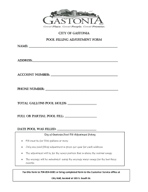 Pool Fill Adjustment Form City of Gastonia