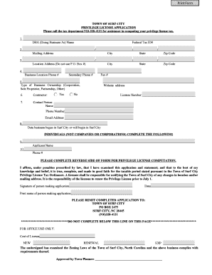 Surf City Privilege License Form