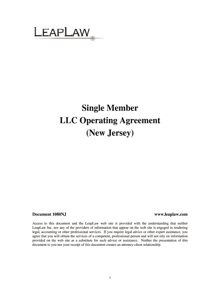 Nj Single Member Llc Operating Agreement  Form