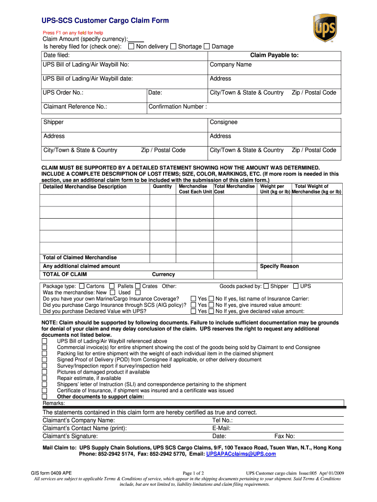 Ups Cargo Claim  Form