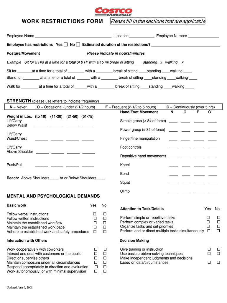  Work Restriction Form 2008-2024