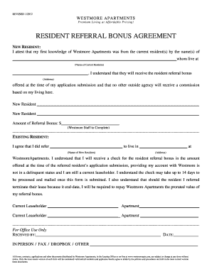 Resident Referral Bonus Agreement Westmore Apartments  Form
