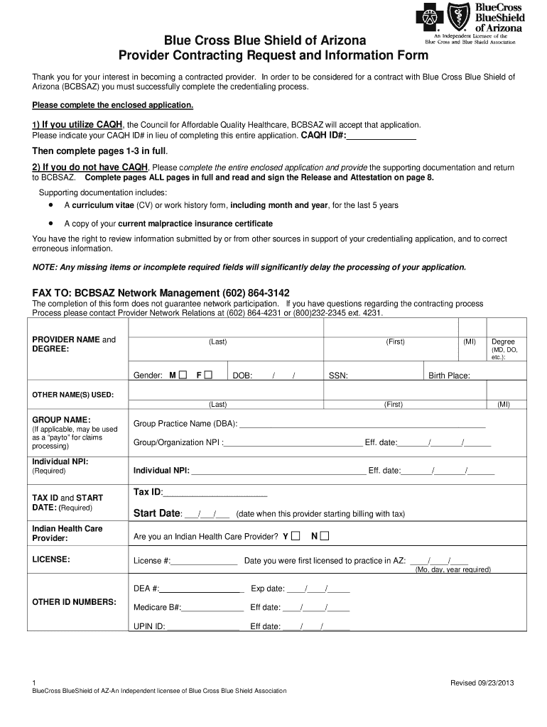  Contracting Request Form Medical Provider Bluecross Blueshield of Arizona 2013