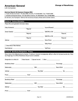 Change of Beneficiary American General Life Companies  Form