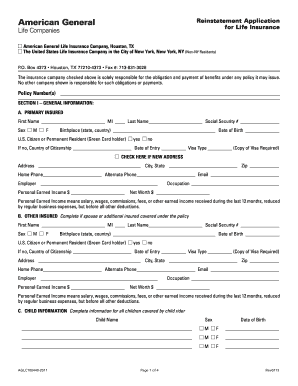 Reinstatement Application for Life Insurance American General  Form