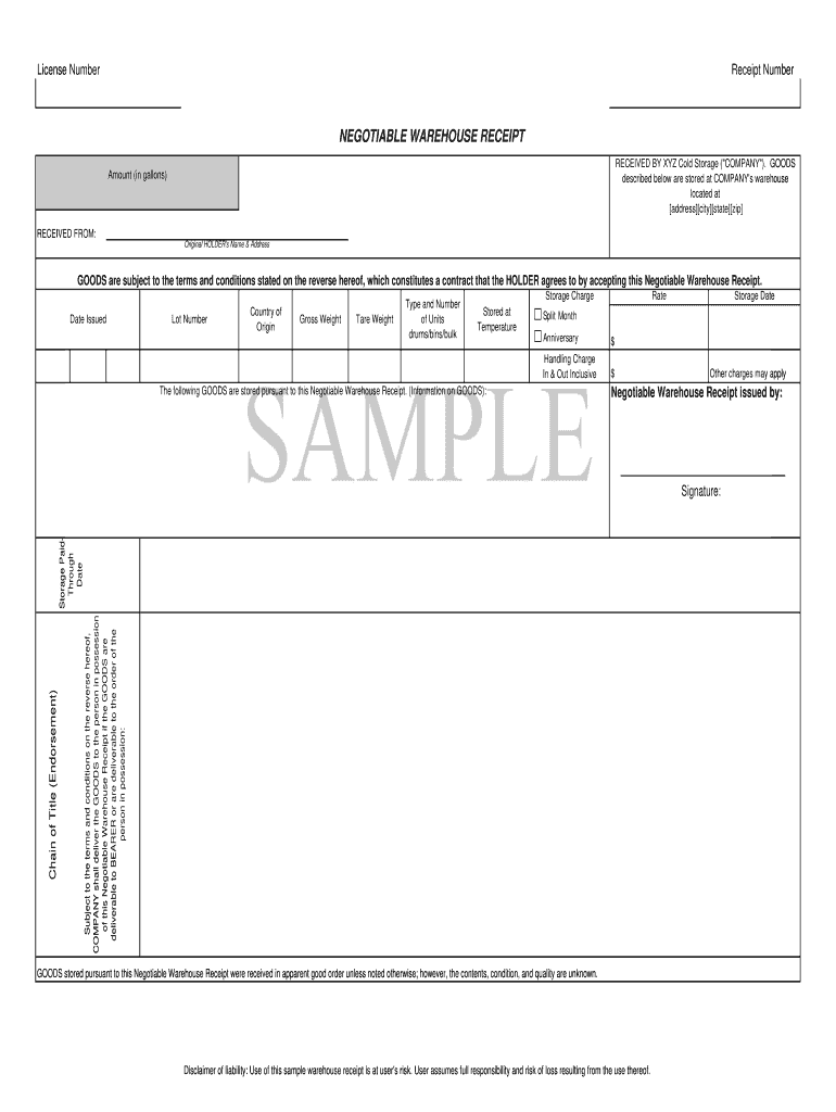 NEGOTIABLE WAREHOUSE RECEIPT  Form