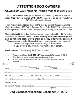 Tinton Falls Dog License  Form