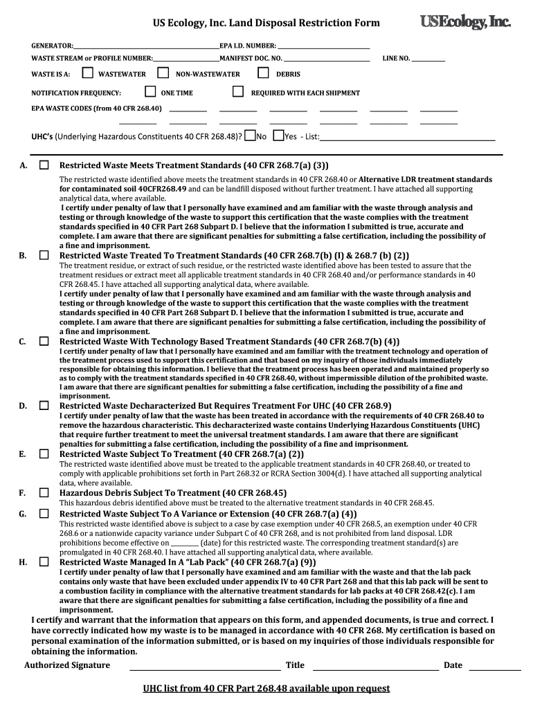 Blank Land Disposal Restriction Form