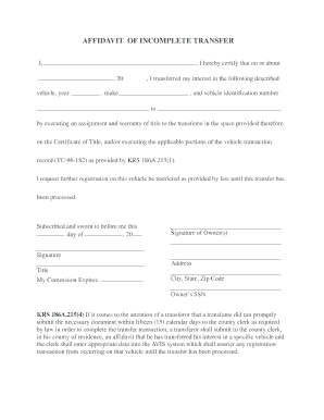 Kentucky Affidavit of Incomplete Transfer  Form