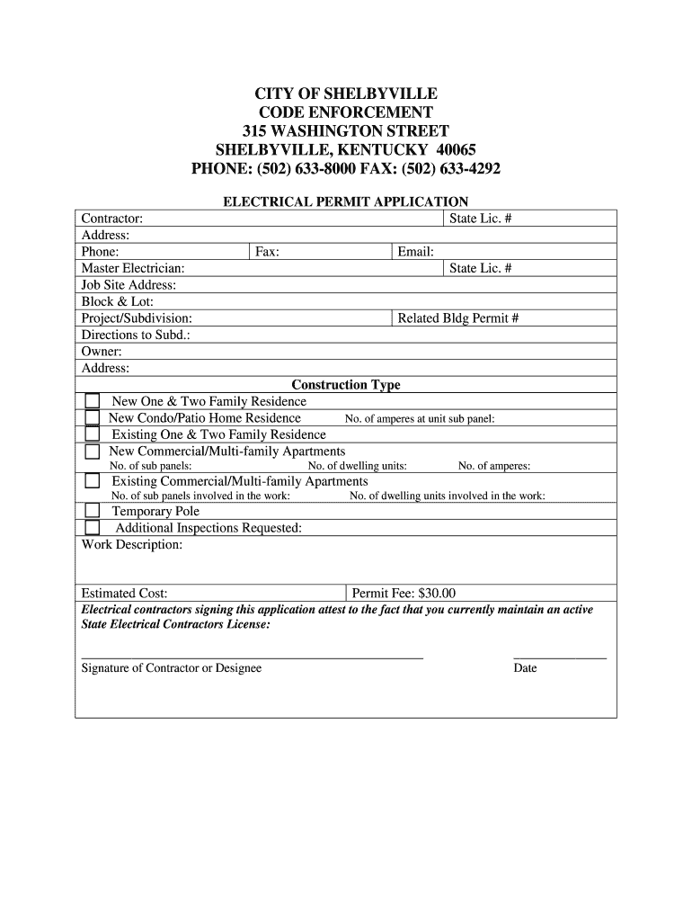 Contractor39s Electrical Permit BApplicationb Shelbyville Kentucky  Form