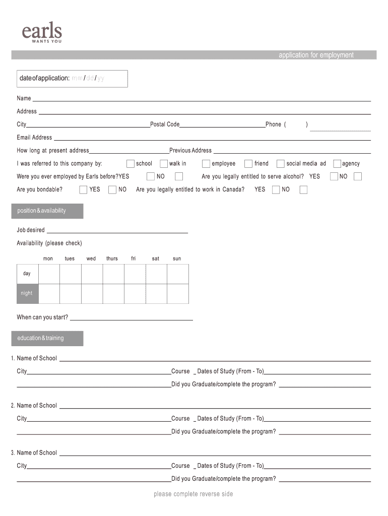 Earls Application Form