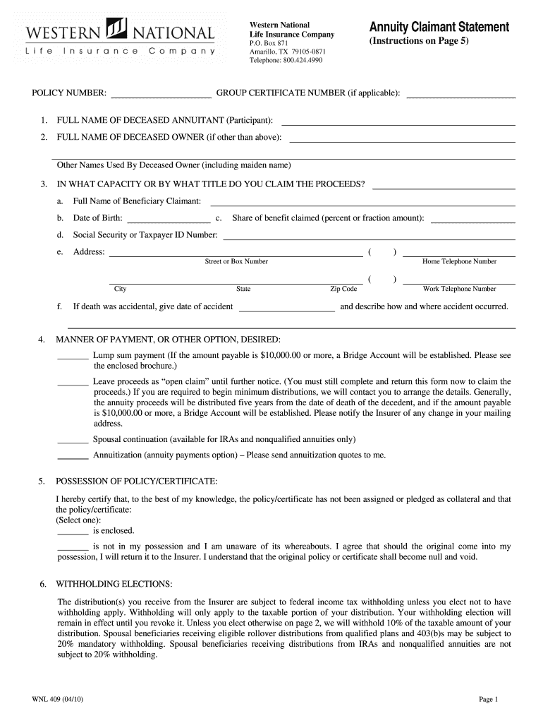  American General Life Insurance Company Annuity Claimant Statement Form 2010-2024