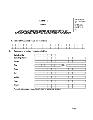 Application for Grant of Certificate of Registration as Exporter of Spices  Form