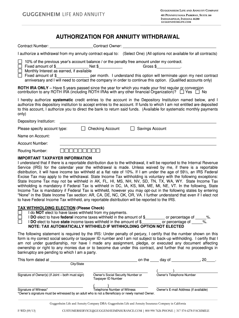 Authorization for Annuity Withdrawal  Guggenheim Life  Form