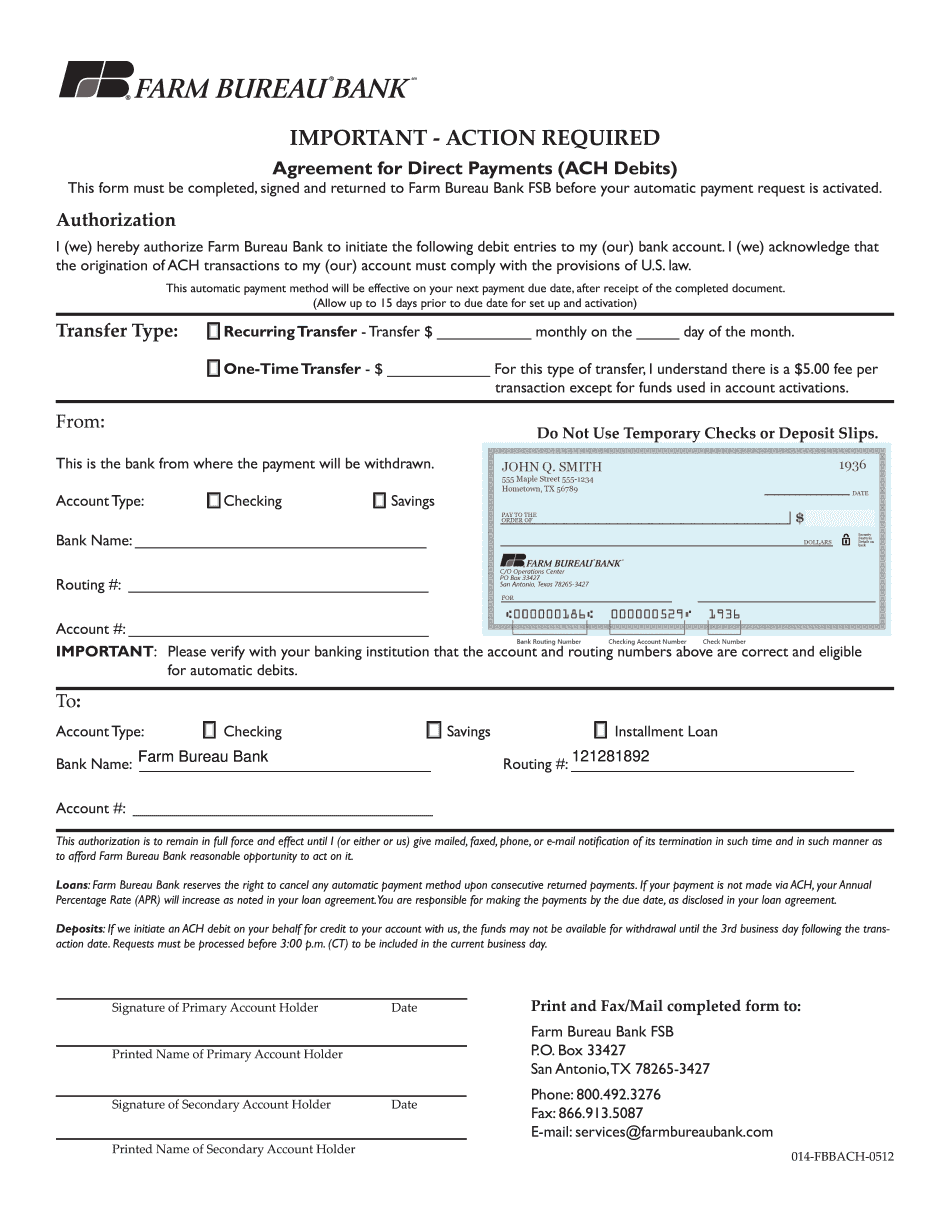  ACH Authorization for Recurring DepositTransfer Farm Bureau Bank 2012-2024