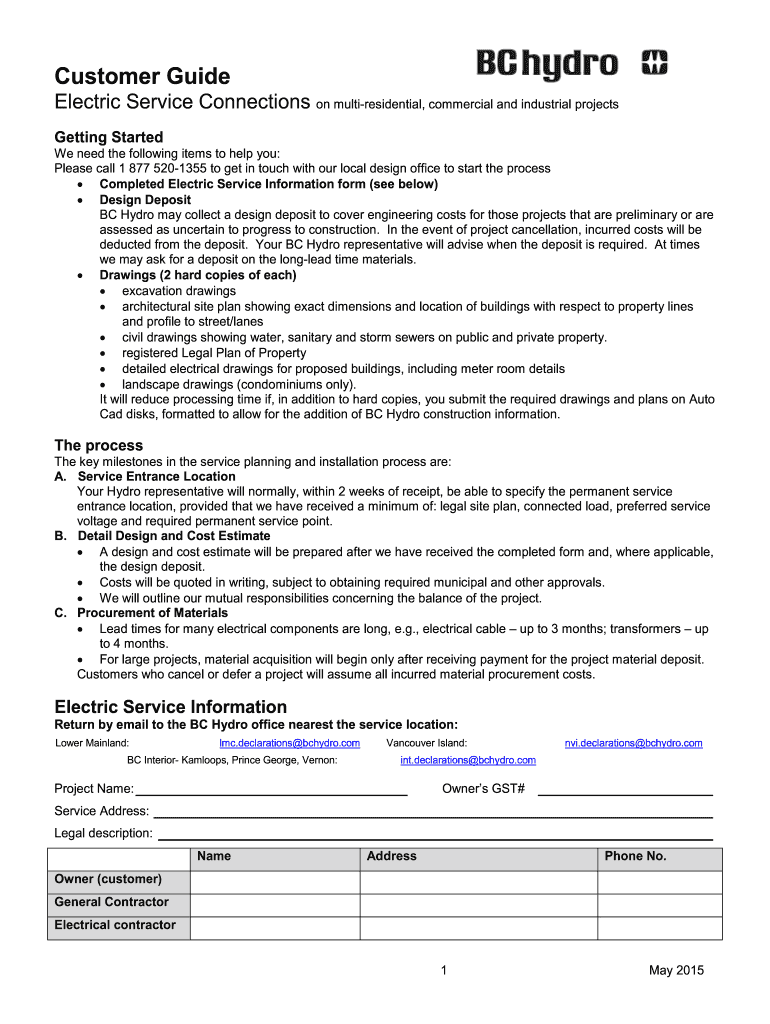  Electric Service Information Form  BC Hydro 2015