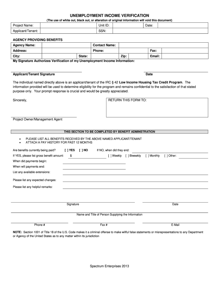  Unemployment Verification Form 2013-2024