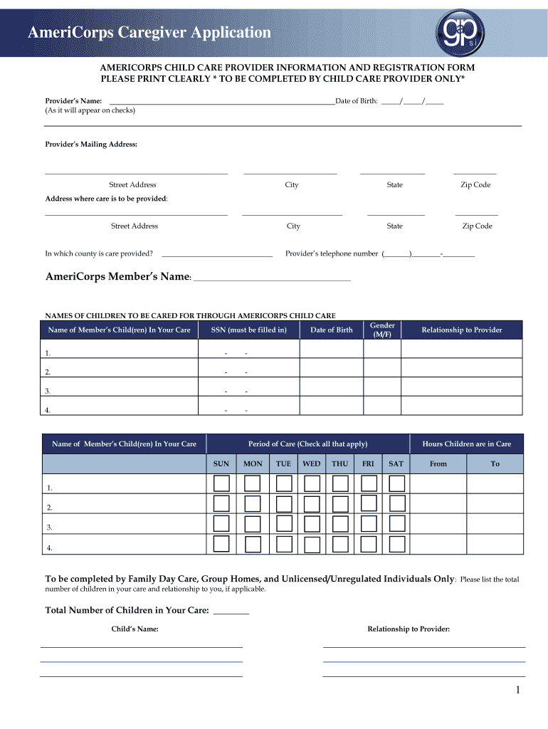 AmeriCorps Caregiver Application AmeriCorps Child Care Program  Form