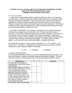 Checklist Interview Form for Educational Identification of Autism Based on the Wisconsin Dpi Statewide Criteria Developed by Mcg