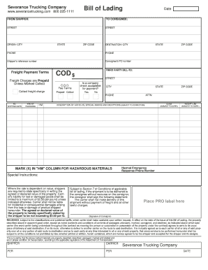 Severance Trucking Bill of Lading  Form