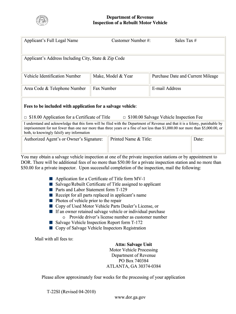 Department of Revenue Inspection of a Rebuilt Motor Vehicle  Form