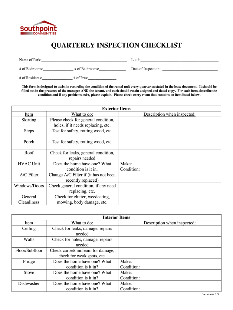  Landlord Quarterly Inspection Form 2011-2024