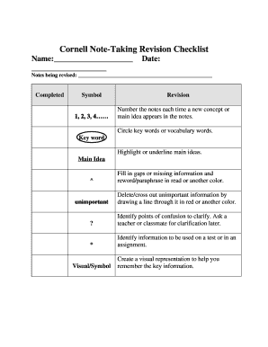 Cornell Note Taking Revision Checklist  Form