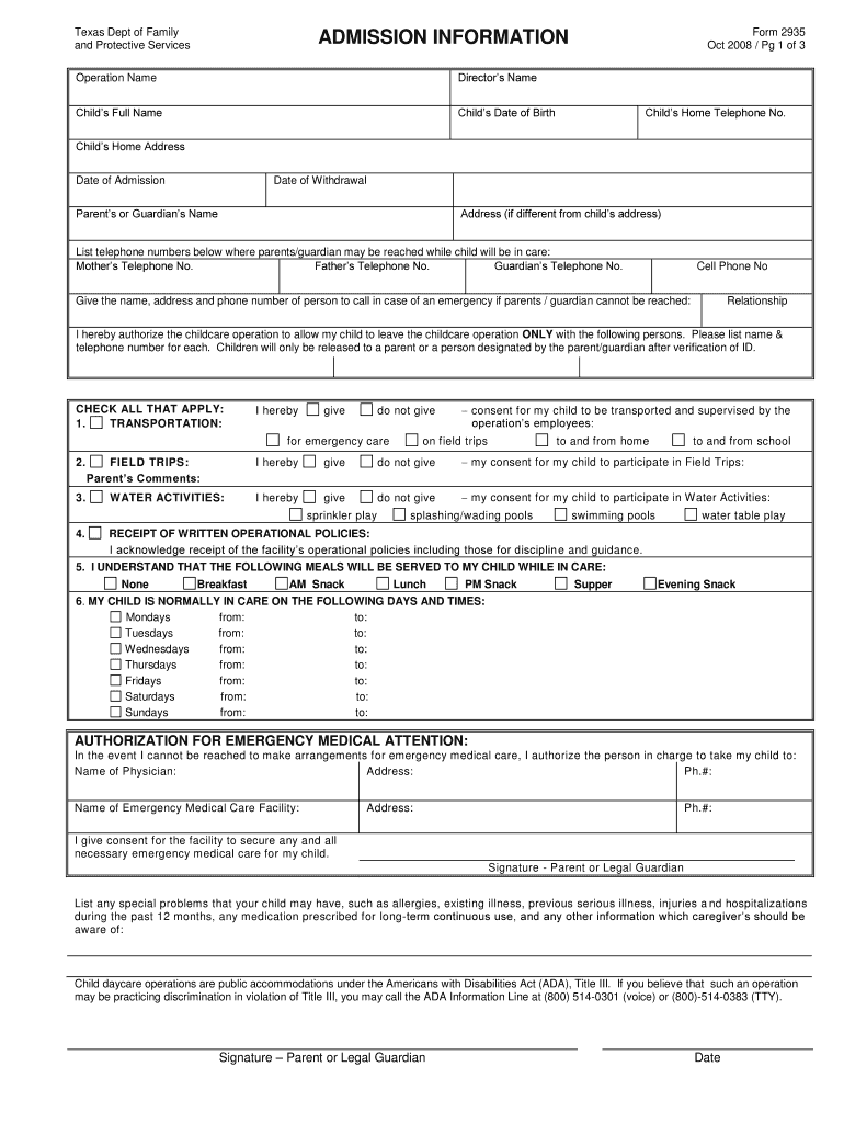  Texas Dept of Family ADMISSION INFORMATION Form 2935 and 2008
