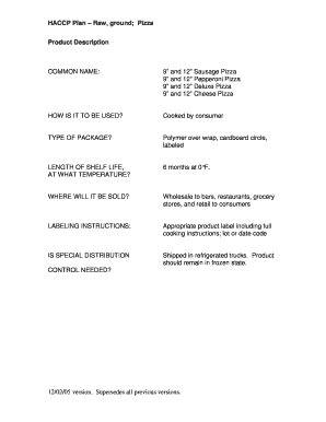 Haccp Plan for Pizza  Form