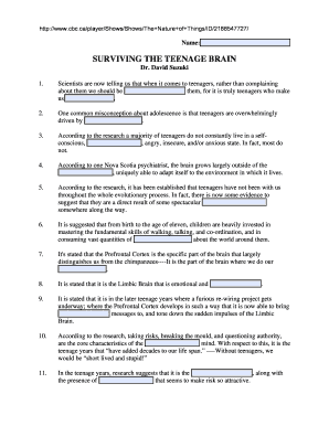 Surviving the Teenage Brain Worksheet Answers  Form