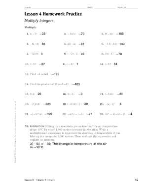 Lesson 4 Homework Practice Multiply Integers  Form