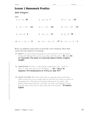 Lesson 2 Homework Practice Add Integers  Form