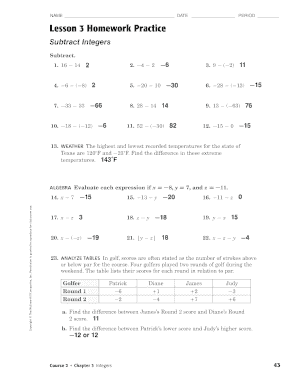 Lesson 3 Homework Practice Subtract Integers Answer Key  Form