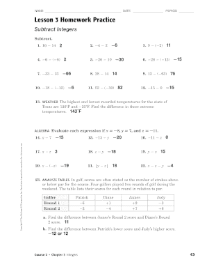 Lesson 3 Homework Practice Subtract Integers Answer Key Form