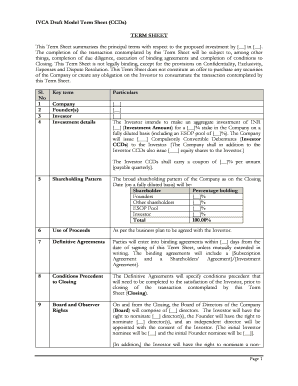 IVCA Draft Model Term Sheet CCDs TERM SHEET Ivca  Form