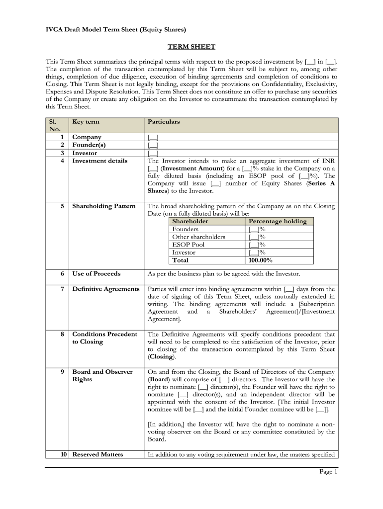 Ivca Term Sheet Format