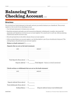 Balancing Your Checking Account Worksheet Answers Chapter 3  Form