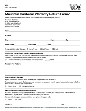 Mountain Hardwear Returns  Form