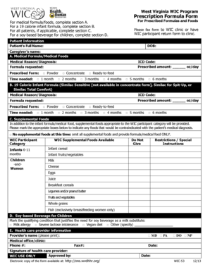 West Virginia WIC Program Prescription Formula Form Ons Wvdhhr