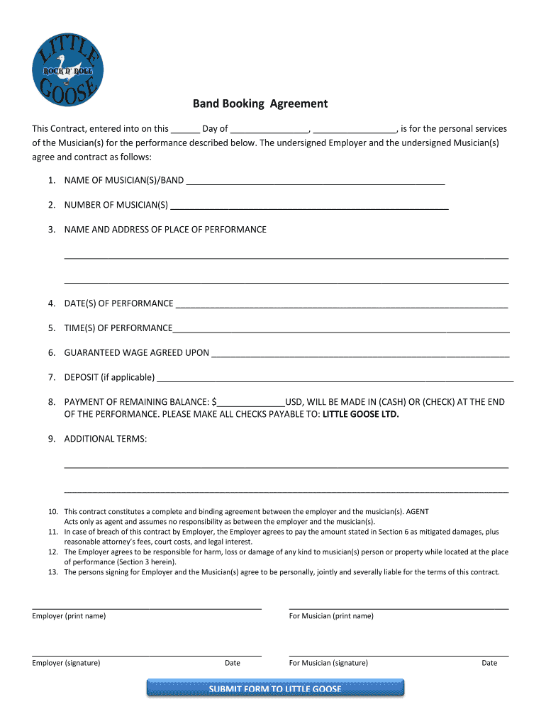 Band Booking Agreement Bandzoogle  Form