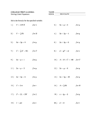 Literal Equations Worksheet  Form