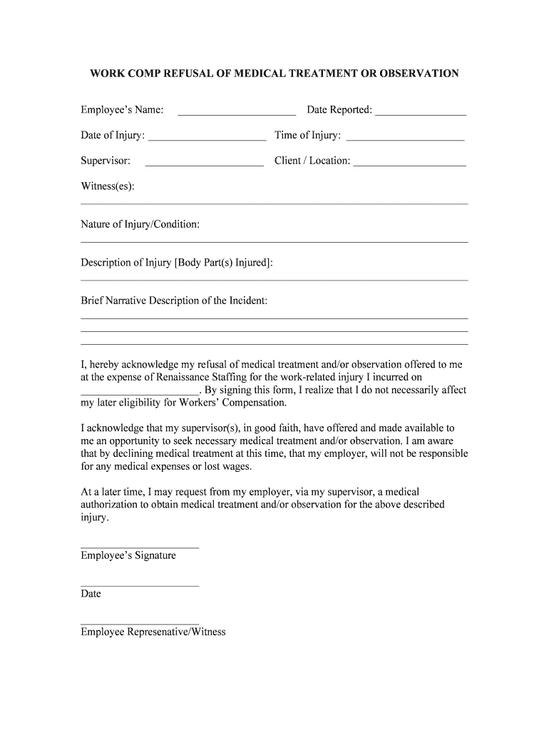 Bworkb Comp Refusal of Bmedicalb Treatment or Bb Reportaclaimnet  Form